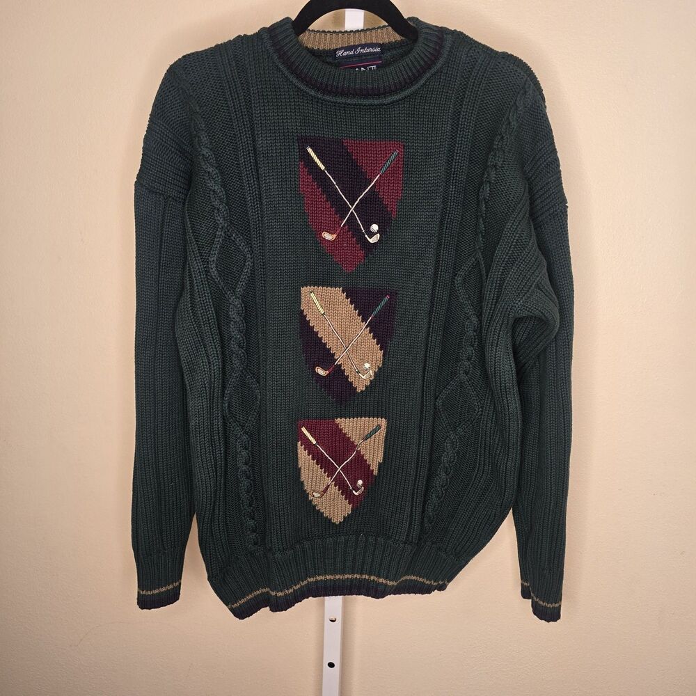 VTG GANT Size Large Hand Intarsia Green Knit Golf Sweater Golf Clubs